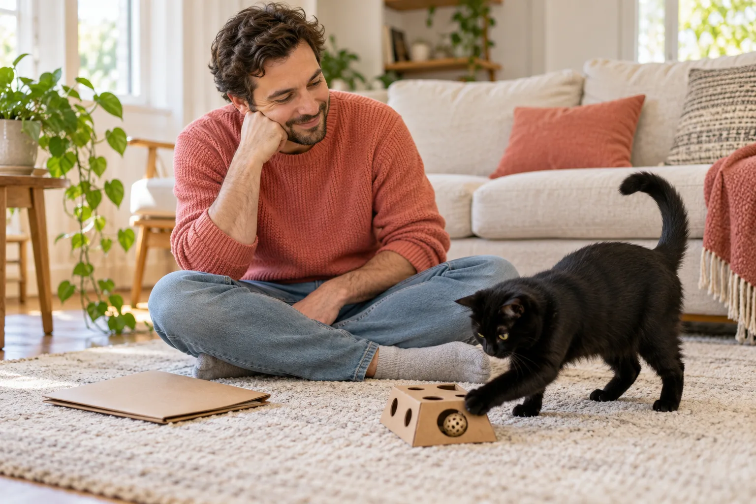 Owner seated on the floor playing with a cat