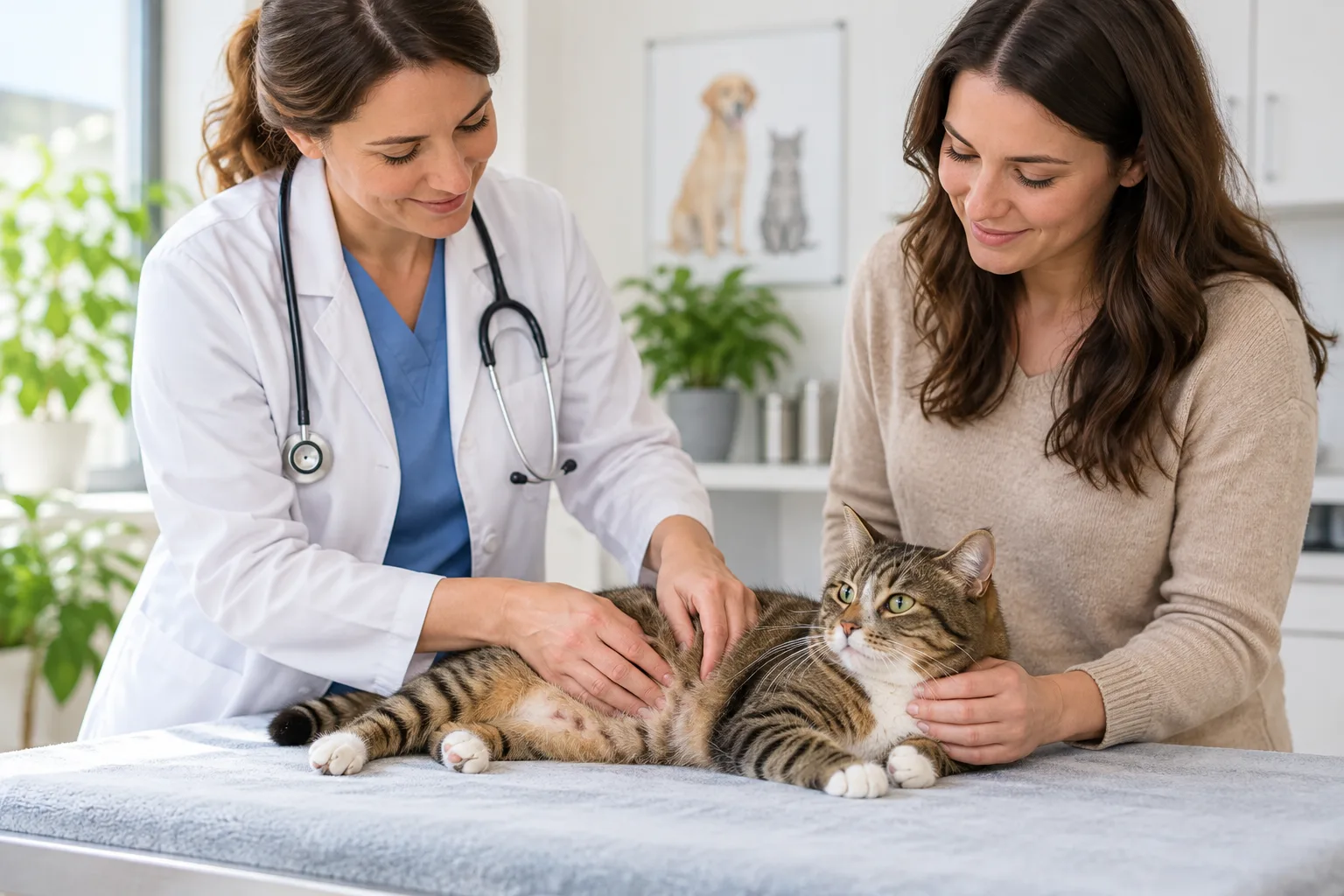 Veterinary professional examining a cat with an owner beside the table